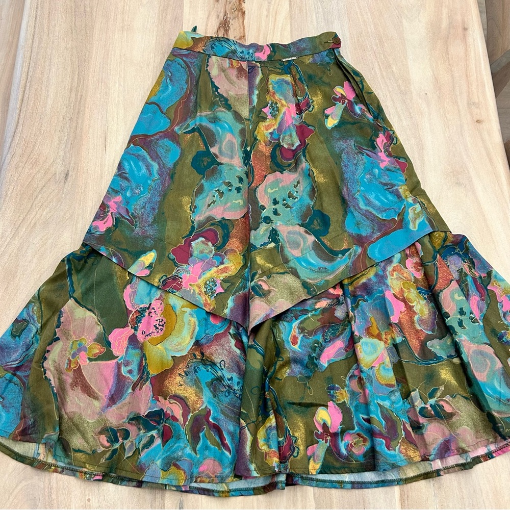 Vintage Geiger Floral Watercolor Ruffle Aline Midi Skirt Women’s Size 38 M